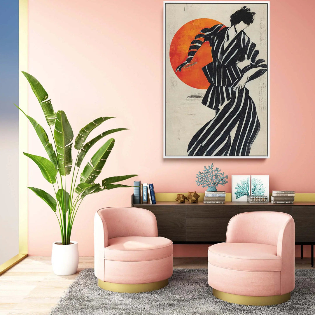 Pink velvet armchairs with gold-tone circular bases complementing the dancer by treechild orange and black art print
