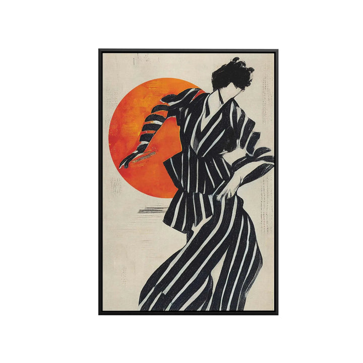 Contemporary art print the dancer by treechild featuring black and white striped woman in motion on orange background framed in black