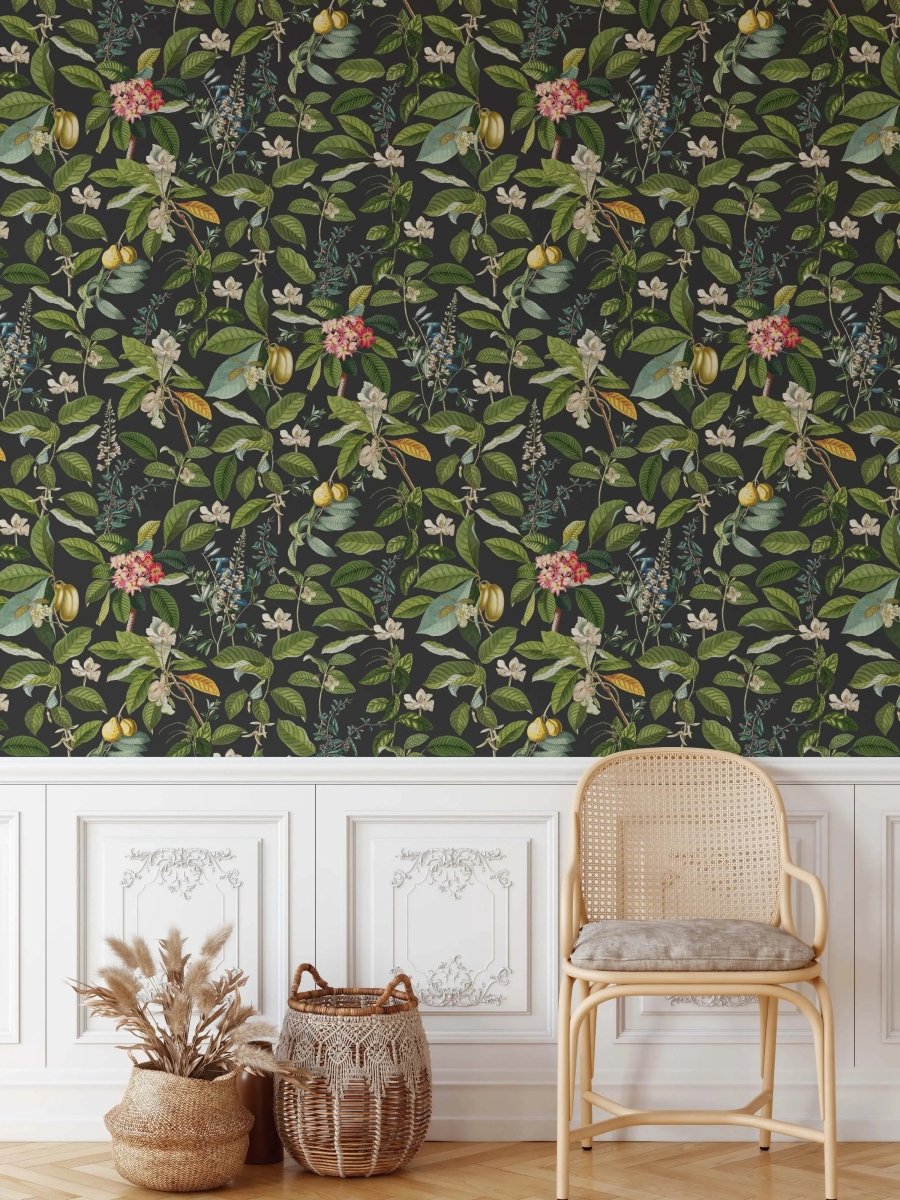 The English Garden Wallpaper in HALF SIZE - Dark Floral Peel and Stick Wallpaper In Traditional Style - I Heart Wall Art - Poster Print, Canvas Print or Framed Art Print