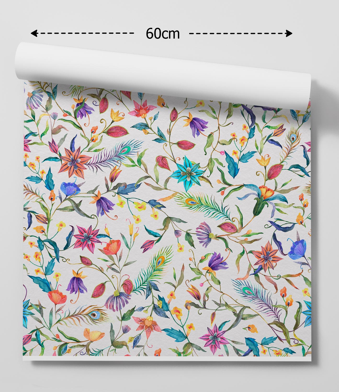 The joy of it all vintage inspired floral peel and stick removable wallpaper with vibrant watercolor blossoms and peacock feathers