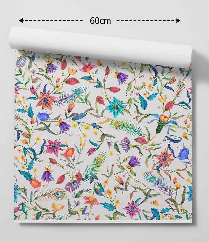 The joy of it all vintage inspired floral peel and stick removable wallpaper with vibrant watercolor blossoms and peacock feathers