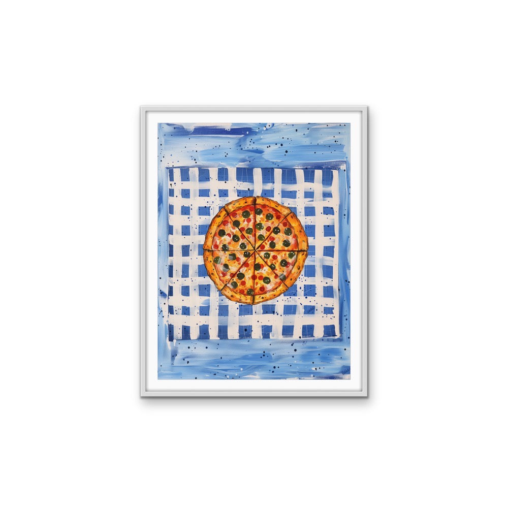 The Pizza Blues - Surrealist Pizza with Blue Background, Stretched Canvas or Wall Art Print I Heart Wall Art
