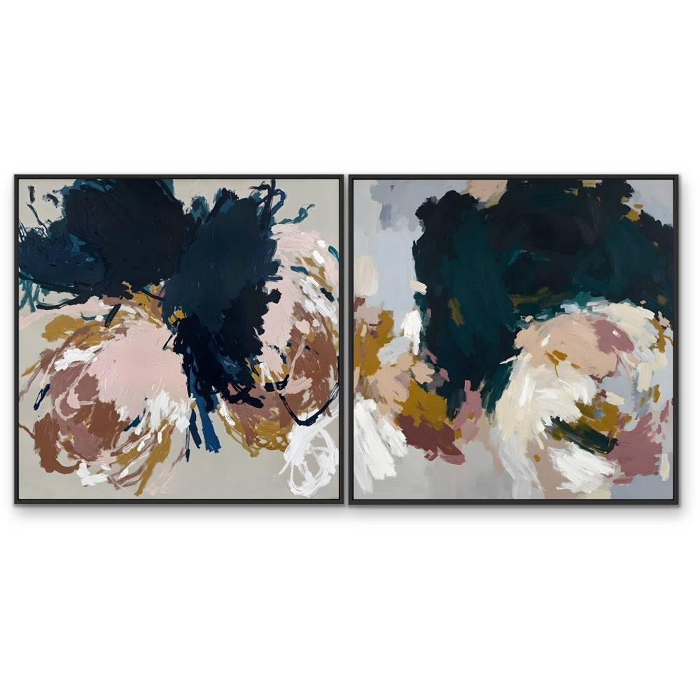 A pair of square abstract floral prints titled the unravelling featuring bold brushstrokes in navy blush pink ochre and gray