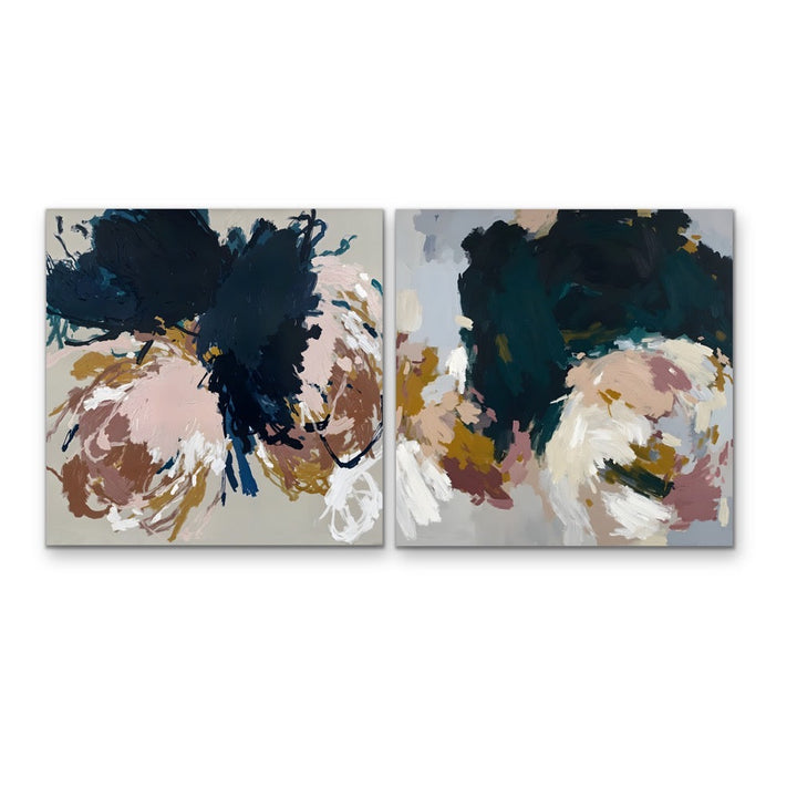 Abstract two panel canvas art titled the unravelling featuring bold navy blue blush pink ochre gold and white on gray background