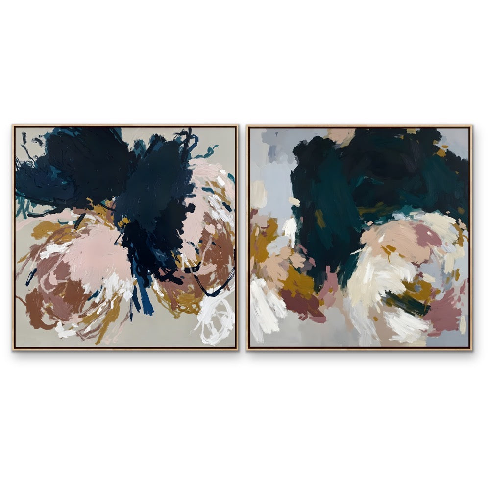 The unravelling two piece square abstract floral prints featuring textured brushstrokes in black beige gold and soft pink