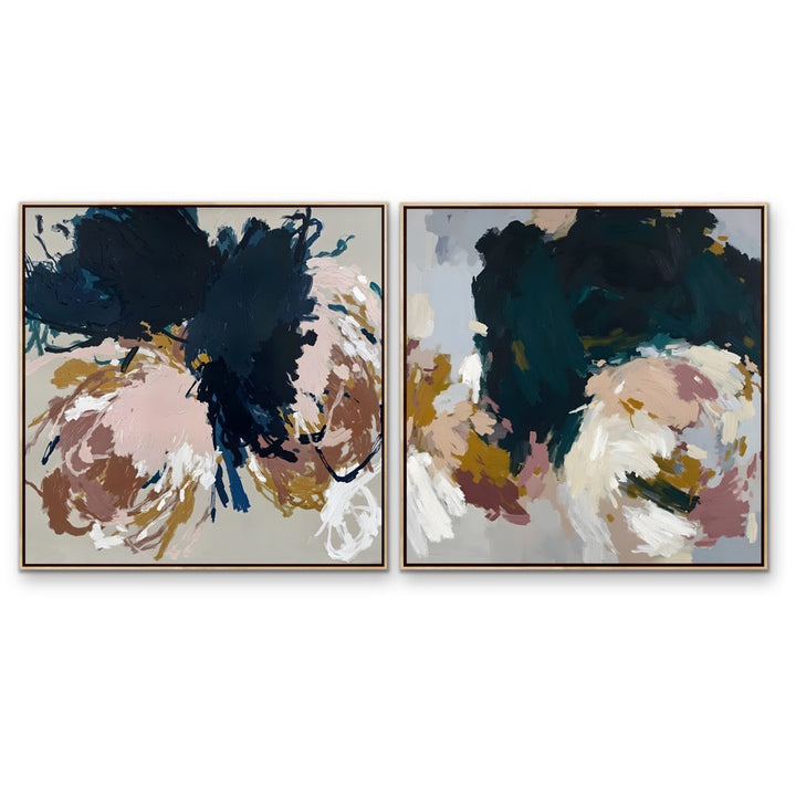 The unravelling two piece square abstract floral prints featuring textured brushstrokes in black beige gold and soft pink