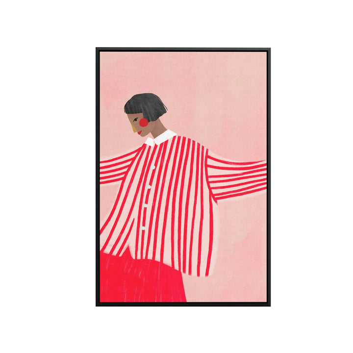 A framed contemporary art print titled The Woman With The Red Stripes by Bea Muller featuring a striped woman