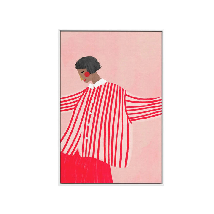 A stylized contemporary art print of a woman in a red and white striped shirt with bold red earrings by Bea Muller