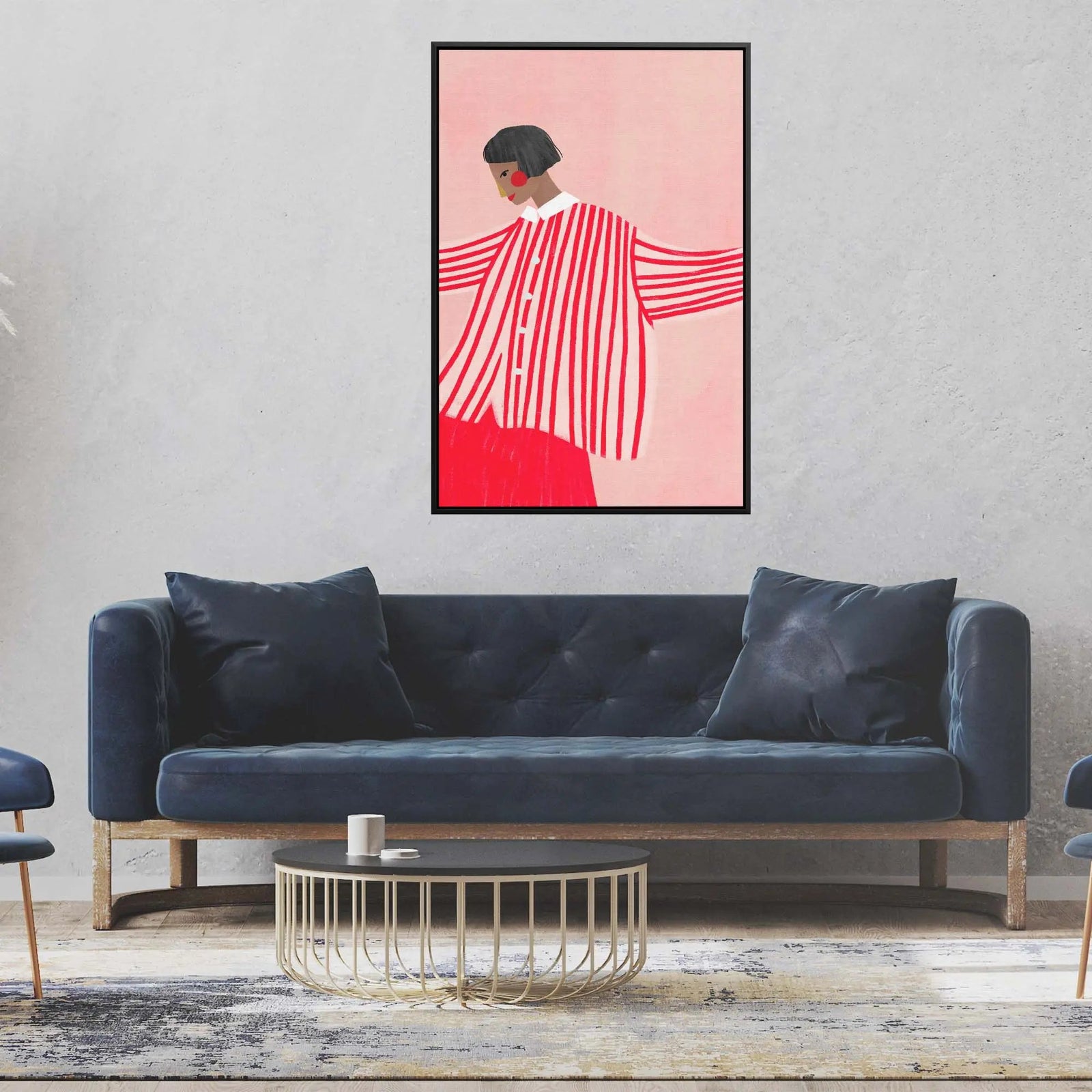 A framed contemporary art print by Bea Muller featuring a woman in red and white stripes on a soft pink background
