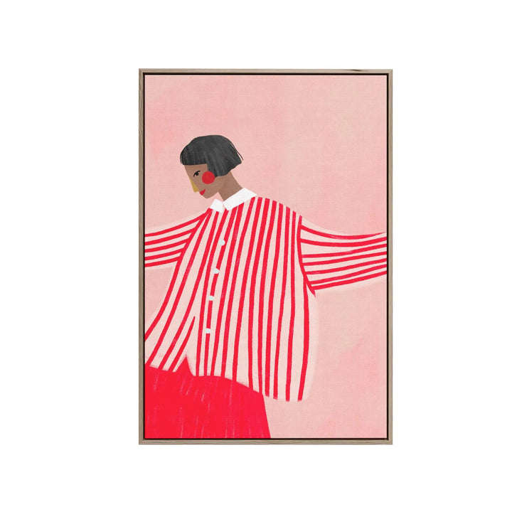 A framed contemporary art print titled the woman with the red stripes by bea muller featuring a woman in a red and white striped shirt against a pink background