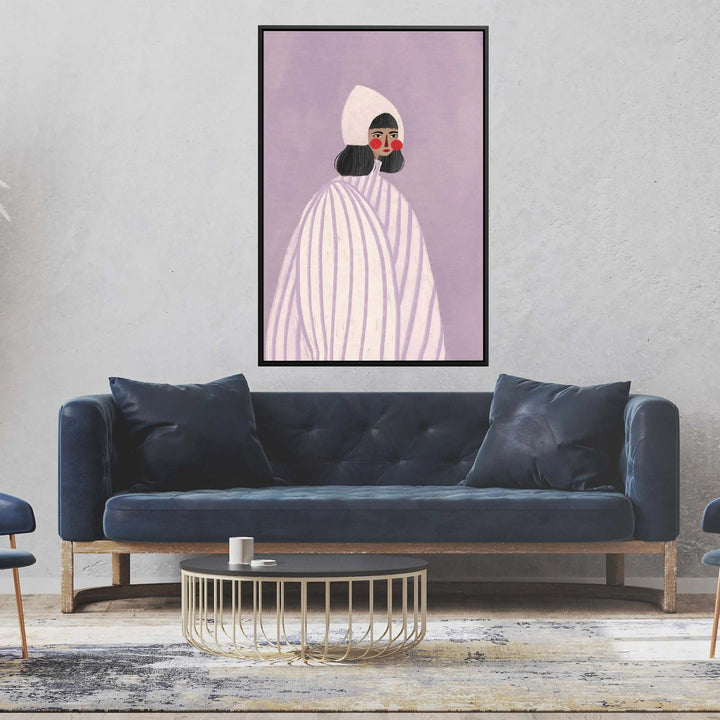Framed fine art print of the woman with the white hat by bea muller featuring a stylized woman in purple and white