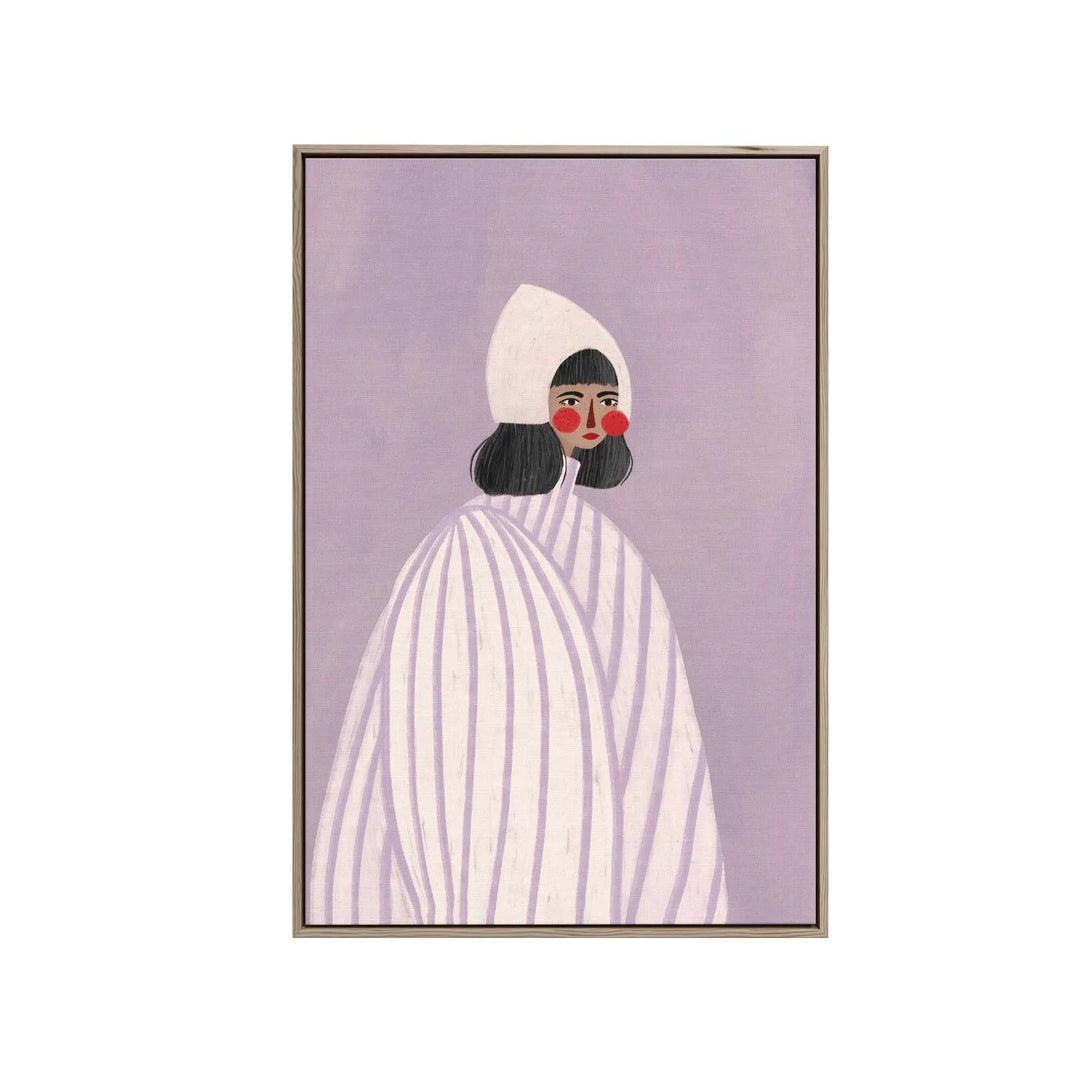 A framed fine art print of a woman in a white and lavender striped robe with red cheeks on a purple background