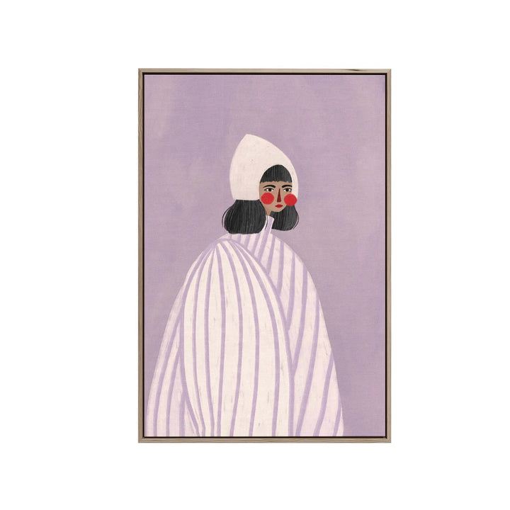 A framed fine art print of a woman in a white and lavender striped robe with red cheeks on a purple background