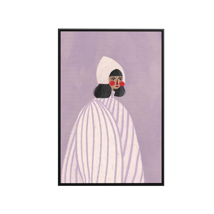 The woman with the white hat by Bea Muller purple and white minimalist illustration on stretched canvas print framed