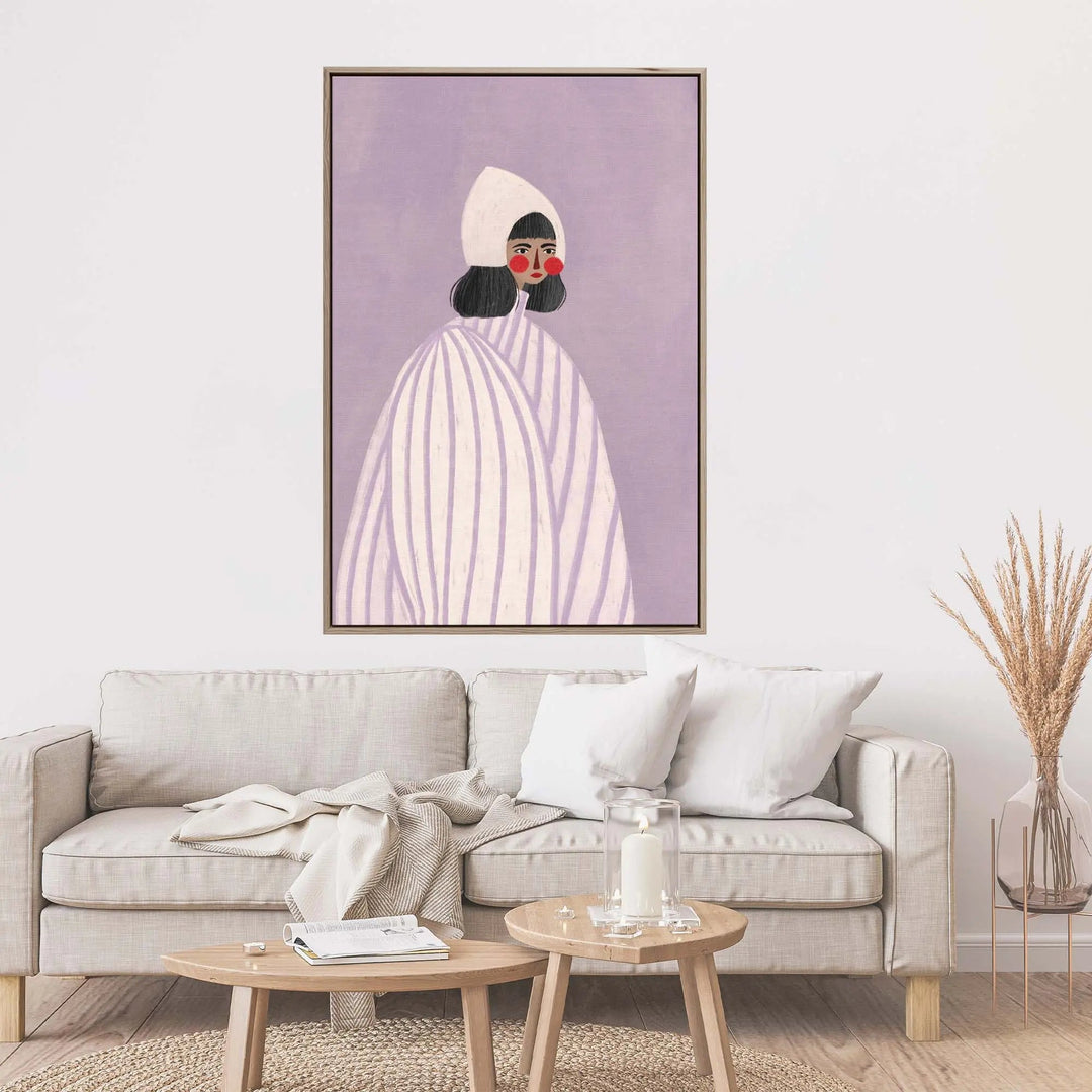 A framed fine art print of the woman with the white hat by Bea Muller featuring a purple and white stylized illustration