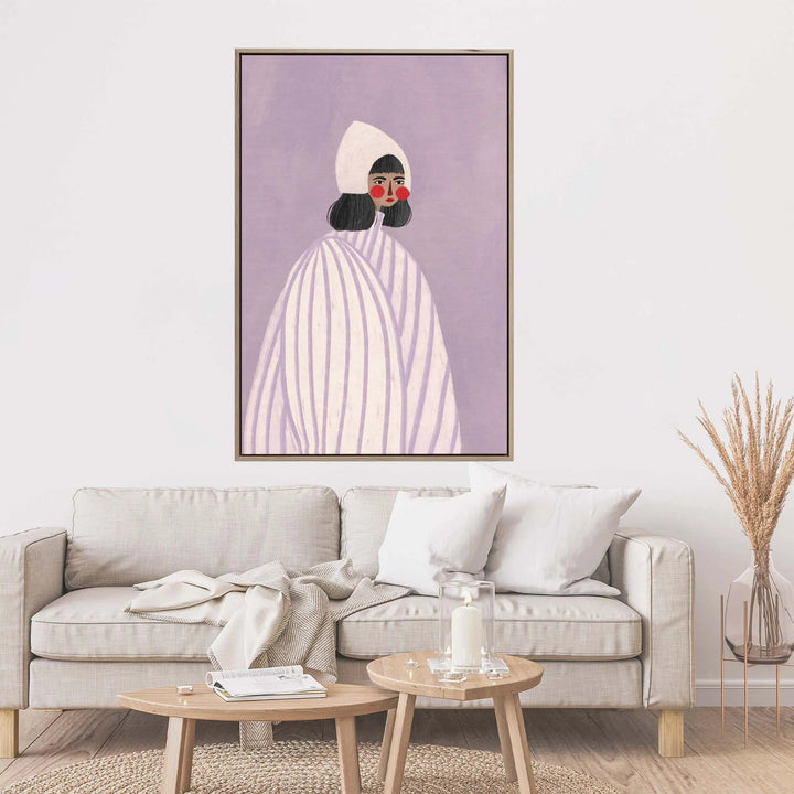 A framed fine art print of the woman with the white hat by Bea Muller featuring a purple and white stylized illustration