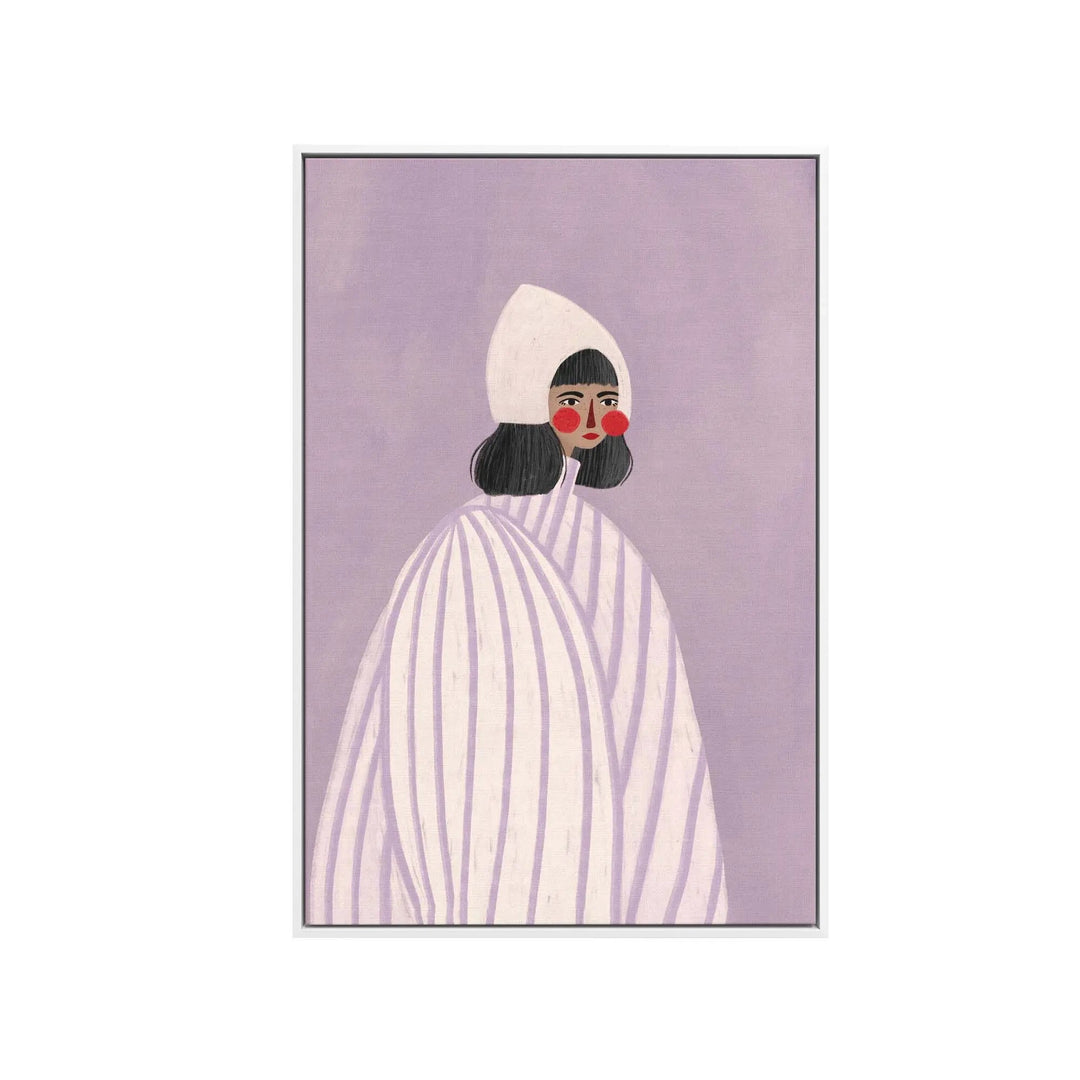 The woman with the white hat by Bea Muller purple and white stretched canvas print features a stylized woman in a hooded robe
