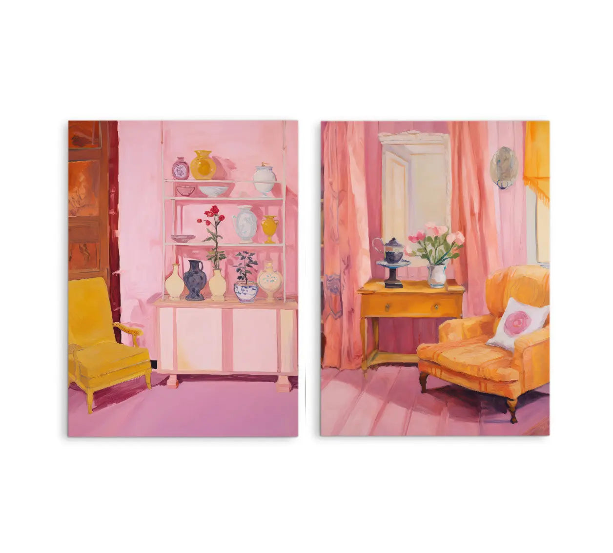 Pink and yellow interior print set featuring pastel pink walls, yellow armchair, paintings, vases, and floral decor