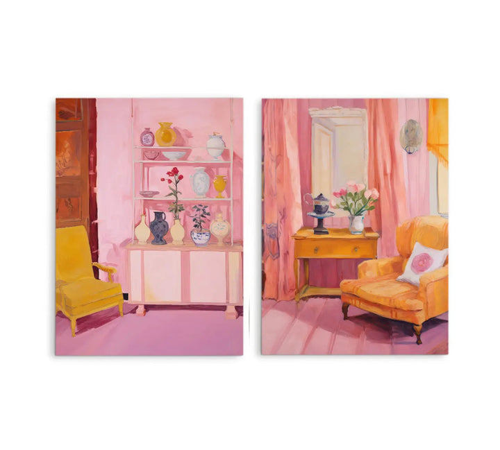 Pink and yellow interior print set featuring pastel pink walls, yellow armchair, paintings, vases, and floral decor