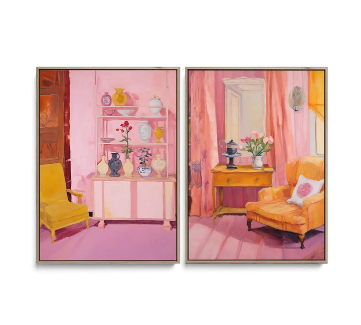 This home of ours pink and yellow interior print set features vintage furniture vases and floral arrangement paintings