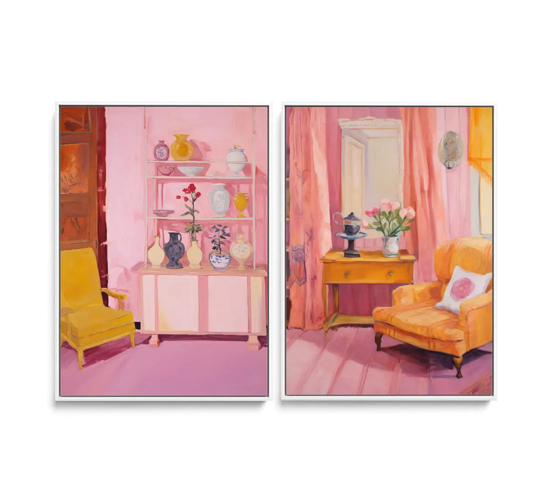 Pink and yellow interior print set featuring paintings of vases flowers furniture and a mirror for home decor