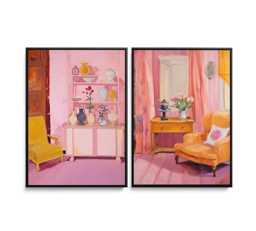 Two framed paintings of a cozy pink and yellow interior with decorative vases in this home of ours print set