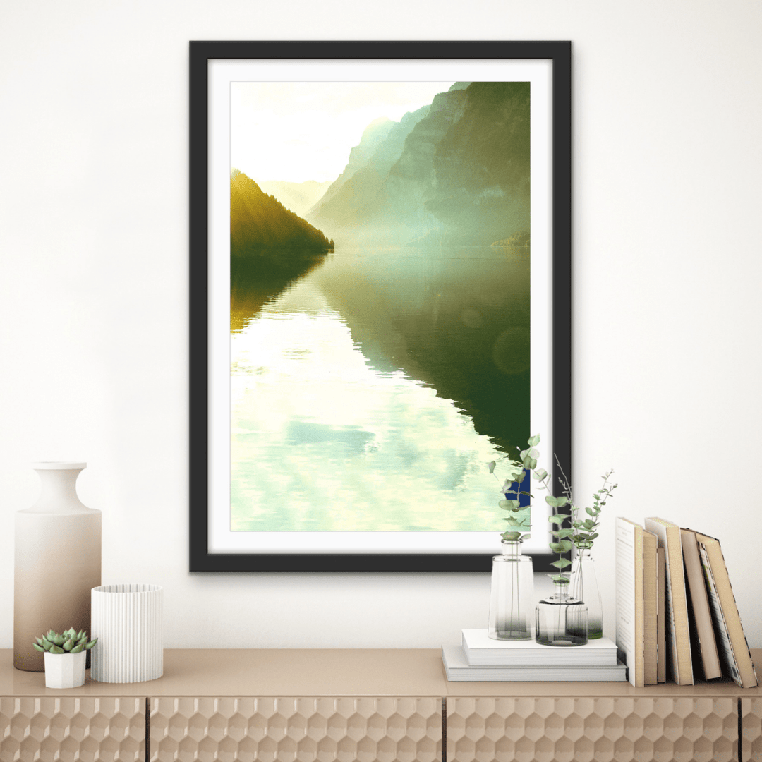Through the Peaks - Green Lake Stretched Canvas or Fine Art Print - I Heart Wall Art - Poster Print, Canvas Print or Framed Art Print