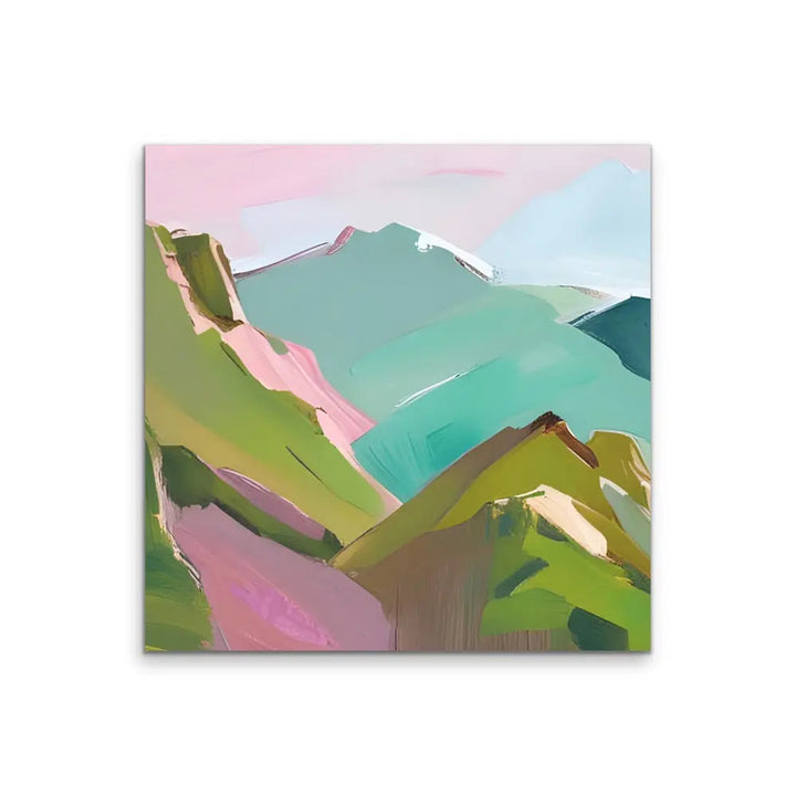 To The Mountains - Edition One - Pink and Green Square Mountain Stretched Canvas Canvas Print, Poster Print or Framed Art Print I Heart Wall Art Australia 