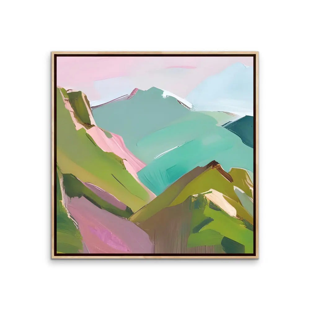 To The Mountains - Edition One - Pink and Green Square Mountain Stretched Canvas Canvas Print, Poster Print or Framed Art Print I Heart Wall Art Australia 