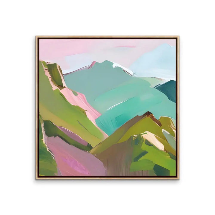 To The Mountains - Edition One - Pink and Green Square Mountain Stretched Canvas Canvas Print, Poster Print or Framed Art Print I Heart Wall Art Australia 