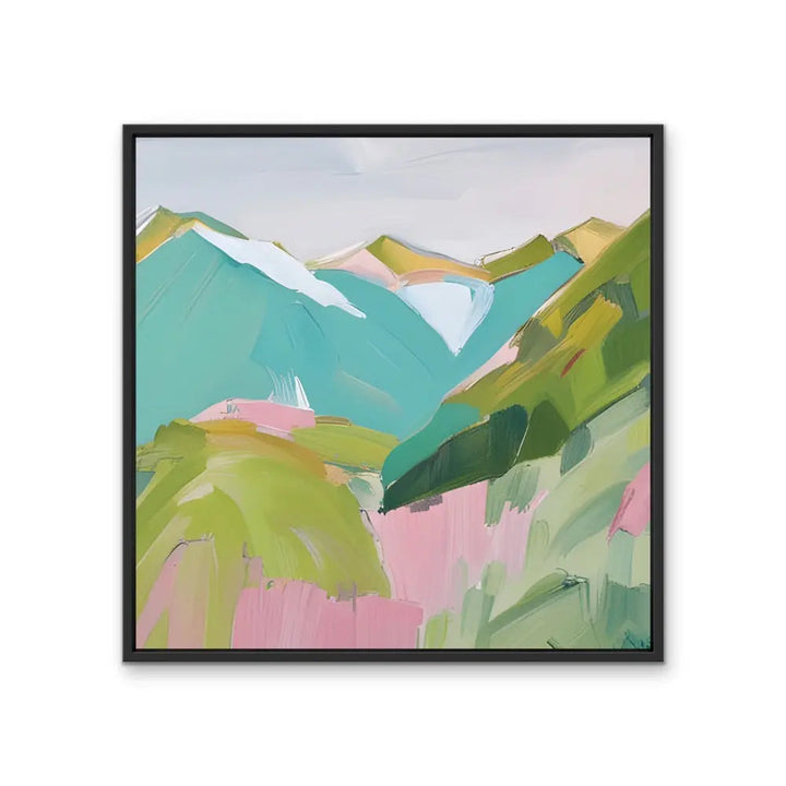 To The Mountains - Edition Two - Pink and Green Square Mountain Stretched Canvas Canvas Print, Poster Print or Framed Art Print I Heart Wall Art Australia 