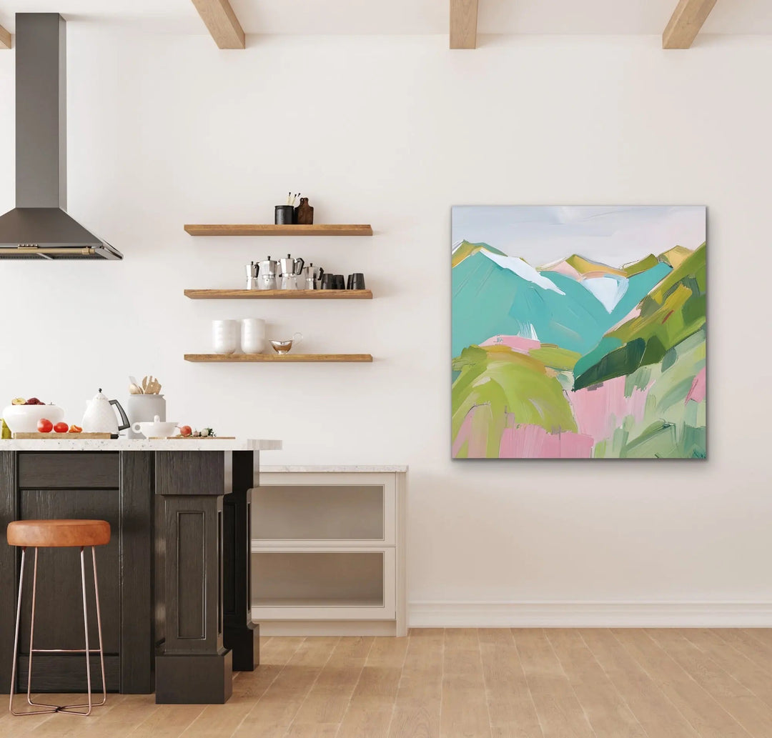 To The Mountains - Edition Two - Pink and Green Square Mountain Stretched Canvas Canvas Print, Poster Print or Framed Art Print I Heart Wall Art Australia 