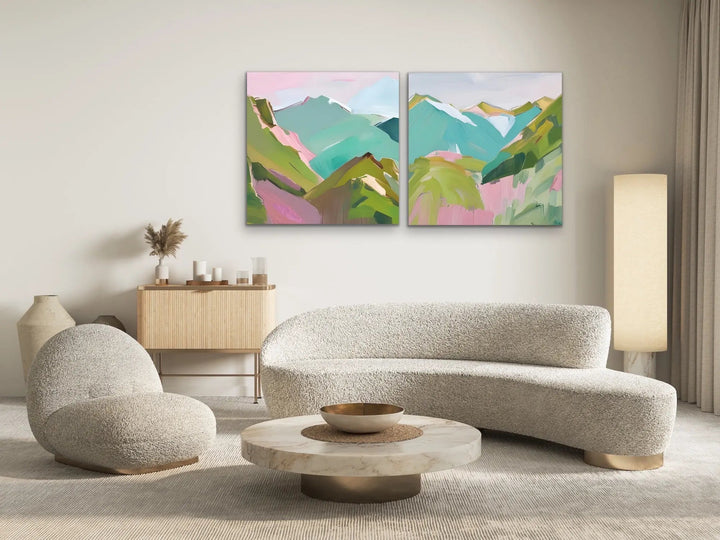 To The Mountains - Edition Two - Pink and Green Square Mountain Stretched Canvas Canvas Print, Poster Print or Framed Art Print I Heart Wall Art Australia 