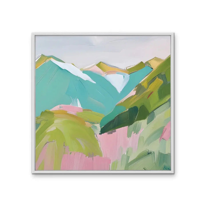 To The Mountains - Edition Two - Pink and Green Square Mountain Stretched Canvas Canvas Print, Poster Print or Framed Art Print I Heart Wall Art Australia 