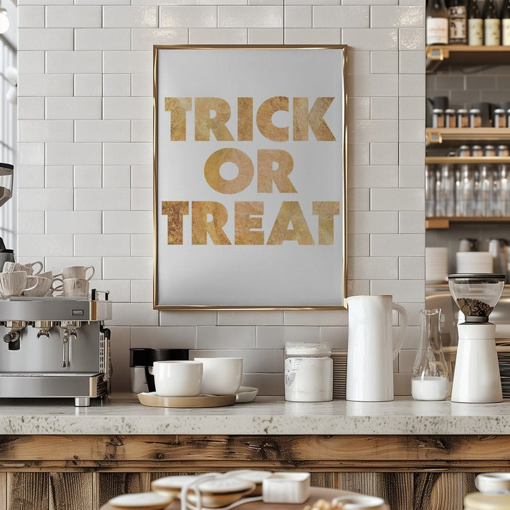 Trick or Treat GOLD typography - Stretched Canvas, Poster or Fine Art Print - I Heart Wall Art - Poster Print, Canvas Print or Framed Art Print