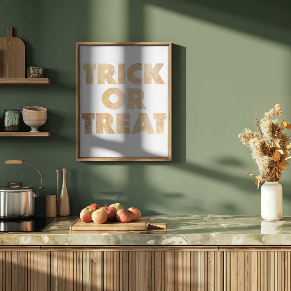 Trick or Treat GOLD typography - Stretched Canvas, Poster or Fine Art Print - I Heart Wall Art - Poster Print, Canvas Print or Framed Art Print
