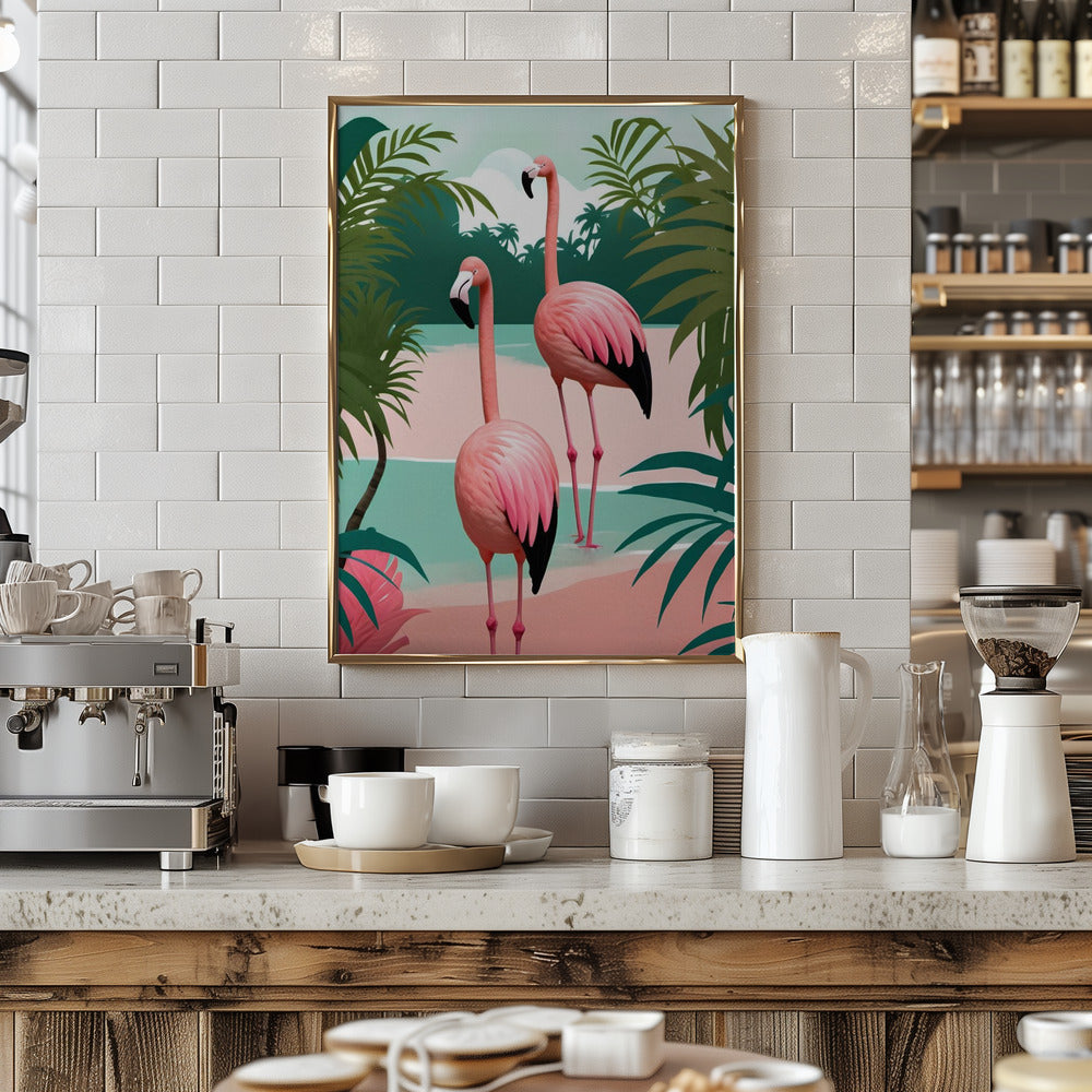 Tropical Flamingo Paradise - Stretched Canvas, Poster or Fine Art Print I Heart Wall Art