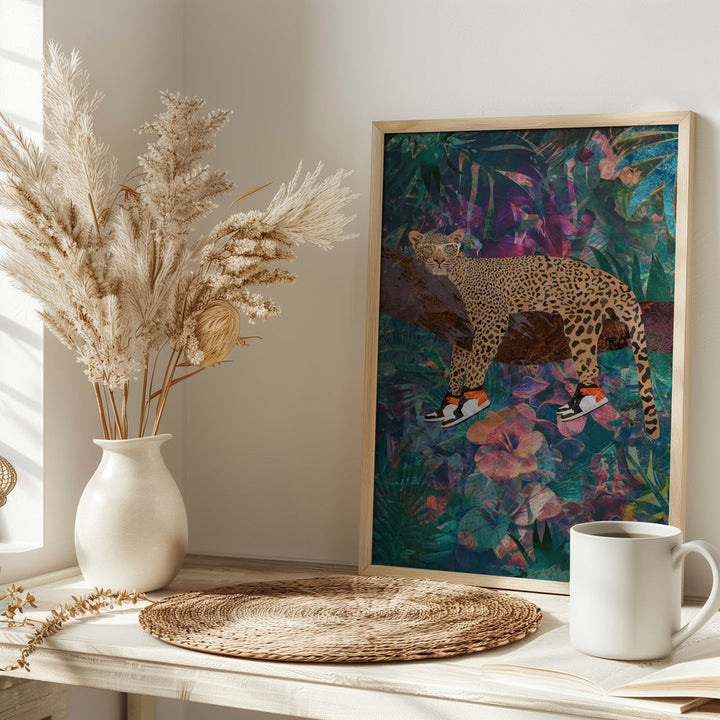 Tropical Floral Jungle - Leopard wearing shoes - Stretched Canvas, Poster or Fine Art Print I Heart Wall Art