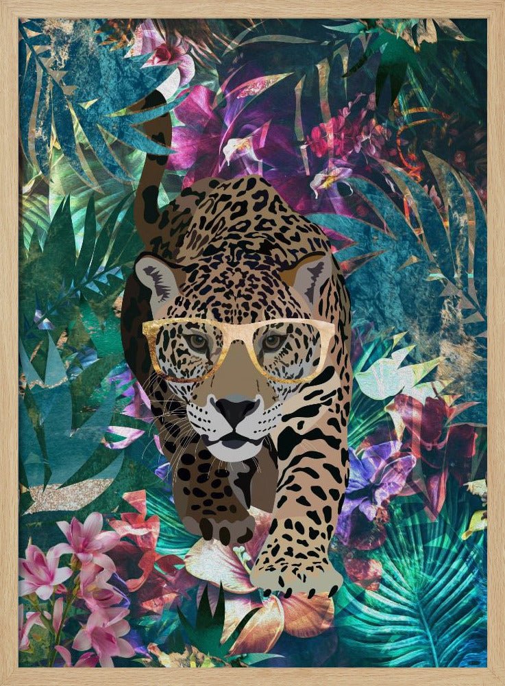 Tropical Jungle Jaguar in glasses - Stretched Canvas, Poster or Fine Art Print - I Heart Wall Art - Poster Print, Canvas Print or Framed Art Print