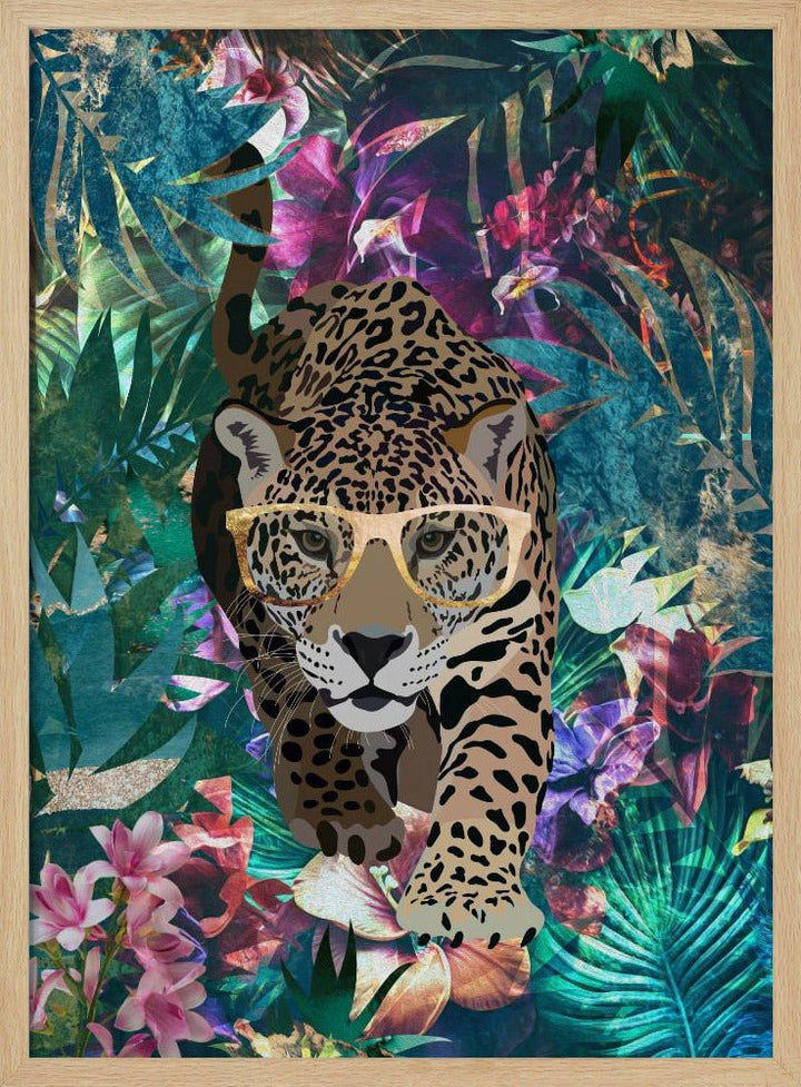 Tropical Jungle Jaguar in glasses - Stretched Canvas, Poster or Fine Art Print - I Heart Wall Art - Poster Print, Canvas Print or Framed Art Print