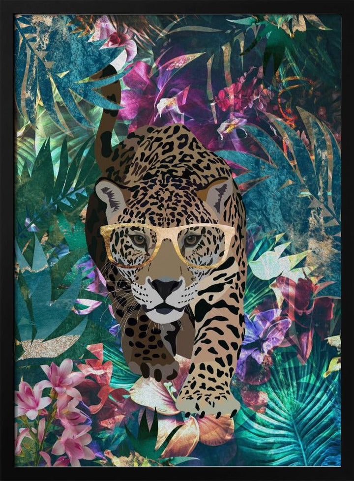Tropical Jungle Jaguar in glasses - Stretched Canvas, Poster or Fine Art Print - I Heart Wall Art - Poster Print, Canvas Print or Framed Art Print