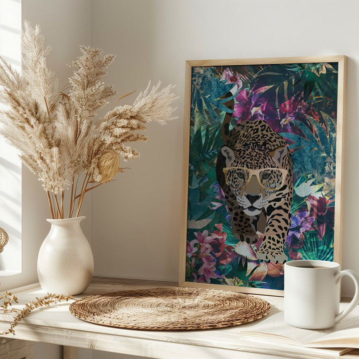 Tropical Jungle Jaguar in glasses - Stretched Canvas, Poster or Fine Art Print - I Heart Wall Art - Poster Print, Canvas Print or Framed Art Print