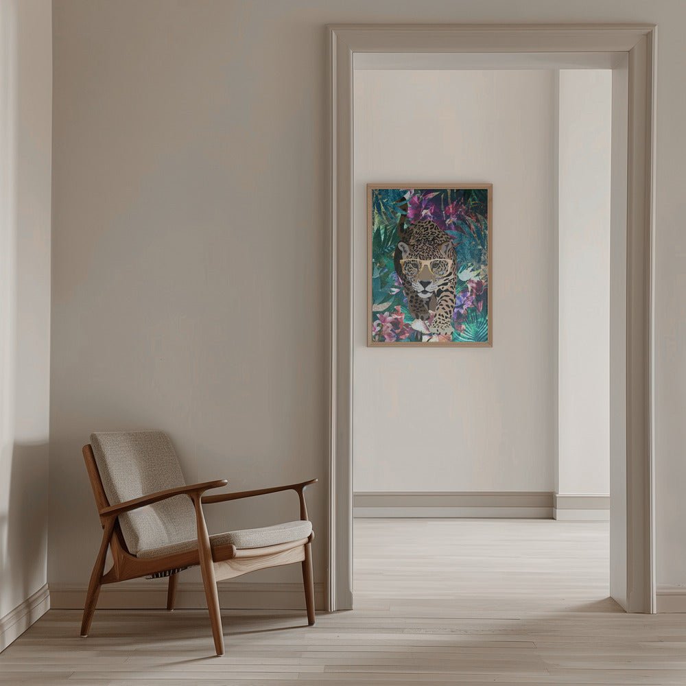 Tropical Jungle Jaguar in glasses - Stretched Canvas, Poster or Fine Art Print - I Heart Wall Art - Poster Print, Canvas Print or Framed Art Print