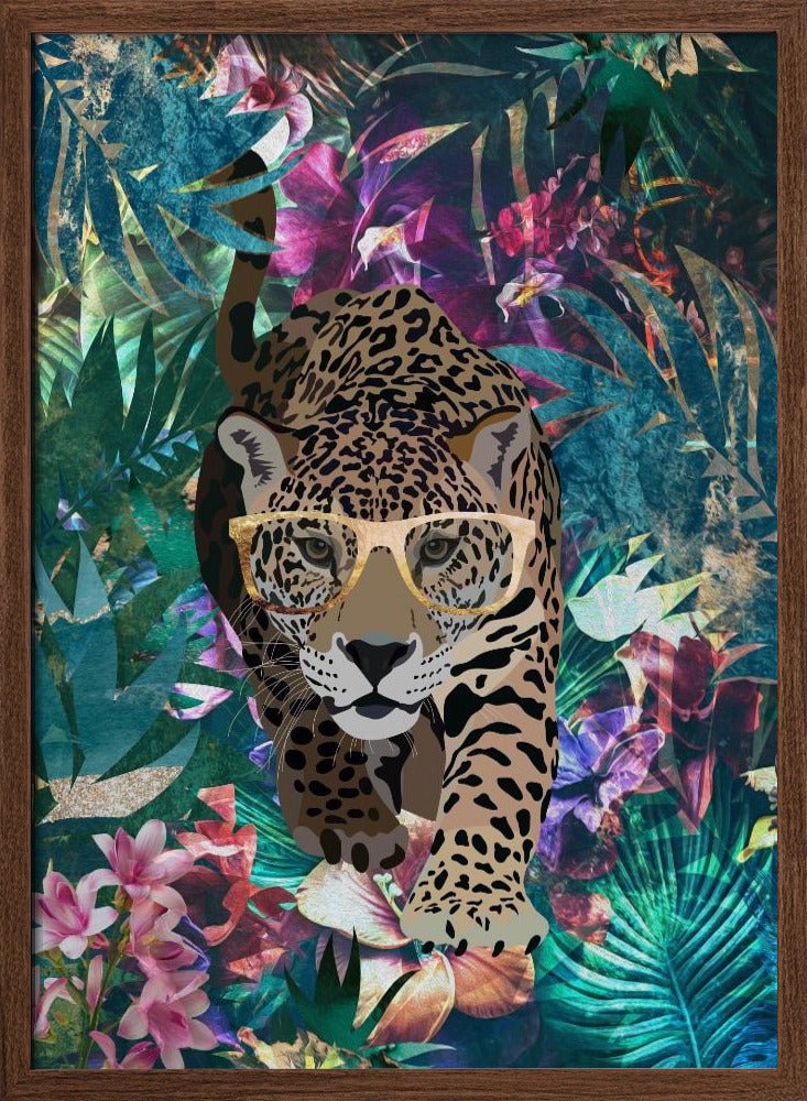 Tropical Jungle Jaguar in glasses - Stretched Canvas, Poster or Fine Art Print - I Heart Wall Art - Poster Print, Canvas Print or Framed Art Print