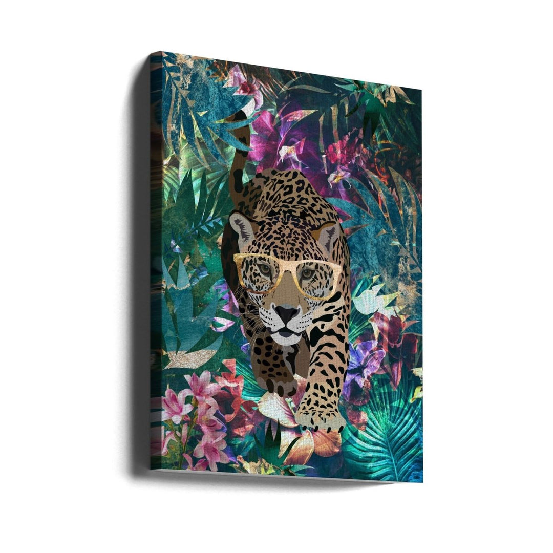 Tropical Jungle Jaguar in glasses - Stretched Canvas, Poster or Fine Art Print - I Heart Wall Art - Poster Print, Canvas Print or Framed Art Print