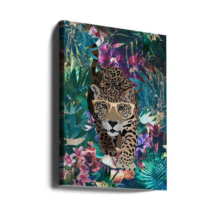 Tropical Jungle Jaguar in glasses - Stretched Canvas, Poster or Fine Art Print - I Heart Wall Art - Poster Print, Canvas Print or Framed Art Print