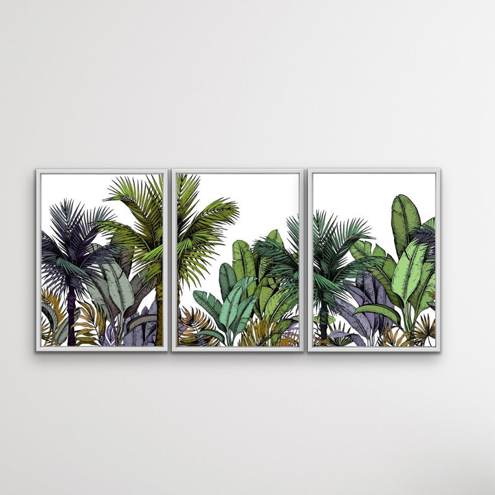 Tropical Skyline - Three Piece Jungle Monstera Palm Garden Stretched Canvas Print Triptych - I Heart Wall Art