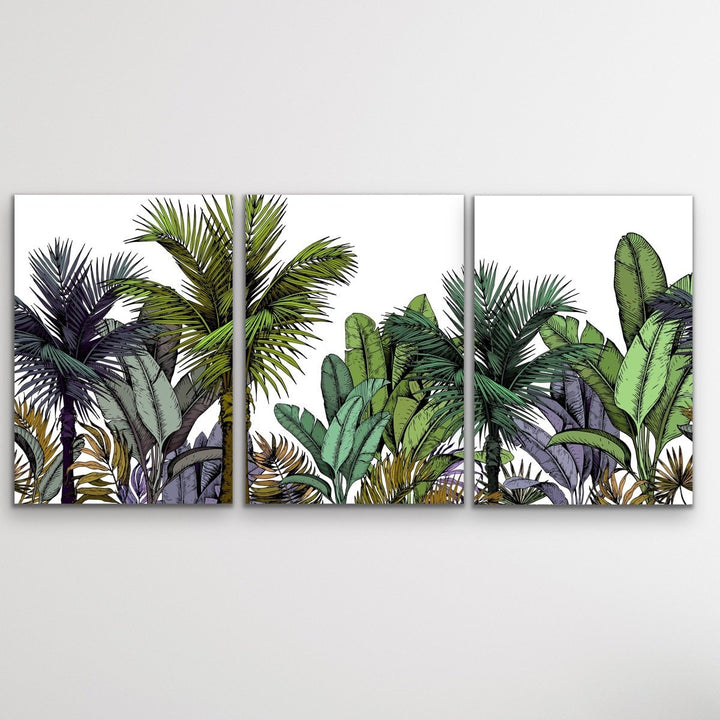 Tropical Skyline - Three Piece Jungle Monstera Palm Garden Stretched Canvas Print Triptych - I Heart Wall Art