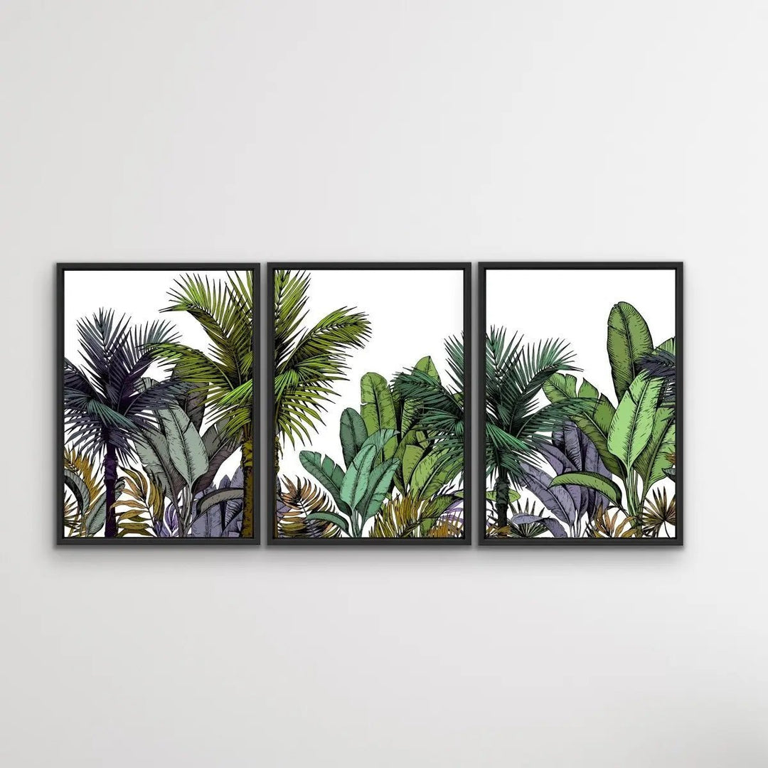 Tropical Skyline - Three Piece Jungle Monstera Palm Garden Stretched Canvas Print Triptych - I Heart Wall Art - Poster Print, Canvas Print or Framed Art Print
