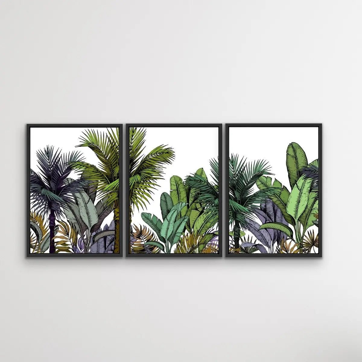 Tropical Skyline - Three Piece Jungle Monstera Palm Garden Stretched Canvas Print Triptych - I Heart Wall Art - Poster Print, Canvas Print or Framed Art Print